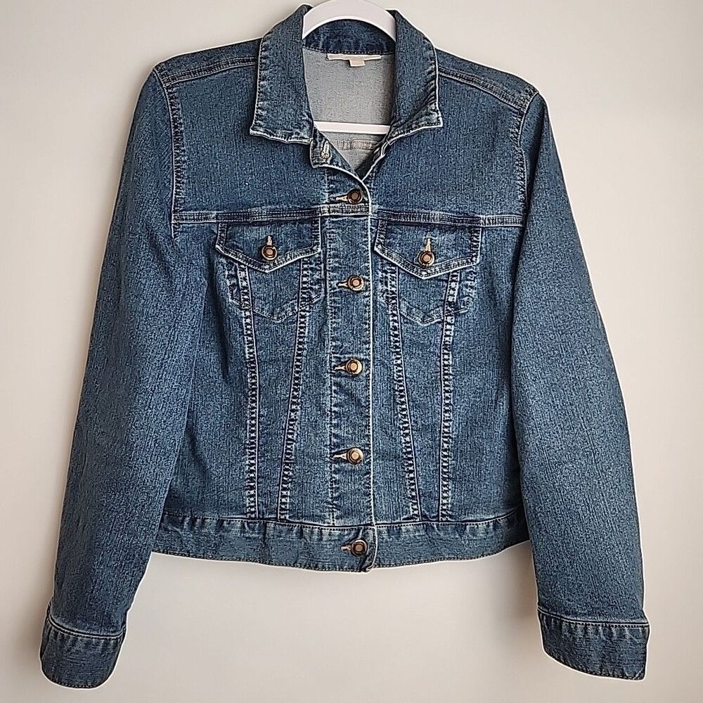 Woman Within Denim Jean Jacket Medium Wash Trucker Jacket Stretch sz 12W Pockets